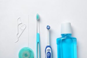 Row of dental hygiene products